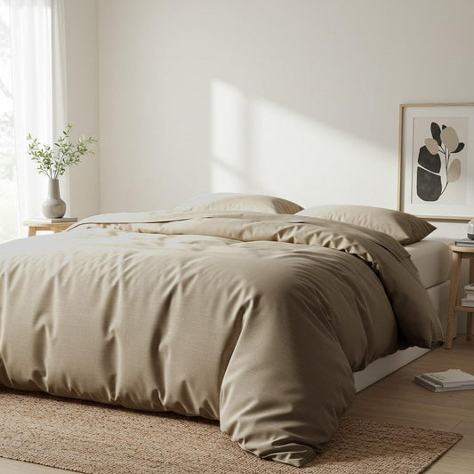Latte bamboo quilt cover on bed with matching pillow shams, taupe-beige