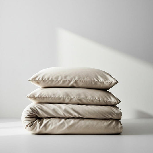 Latte bamboo quilt cover with neatly stitched edge, folded stack view