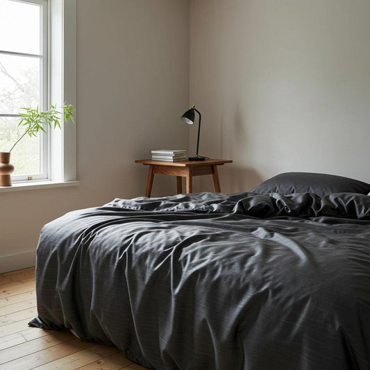Charcoal quilt cover with silky sheen on a bed, styled with matching pillows