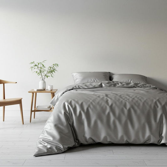 Silver bamboo quilt cover on bed, buttonless smooth surface, draped corners