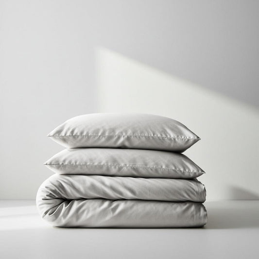 Silver satin-like bamboo quilt cover with piped edges, folded stack view