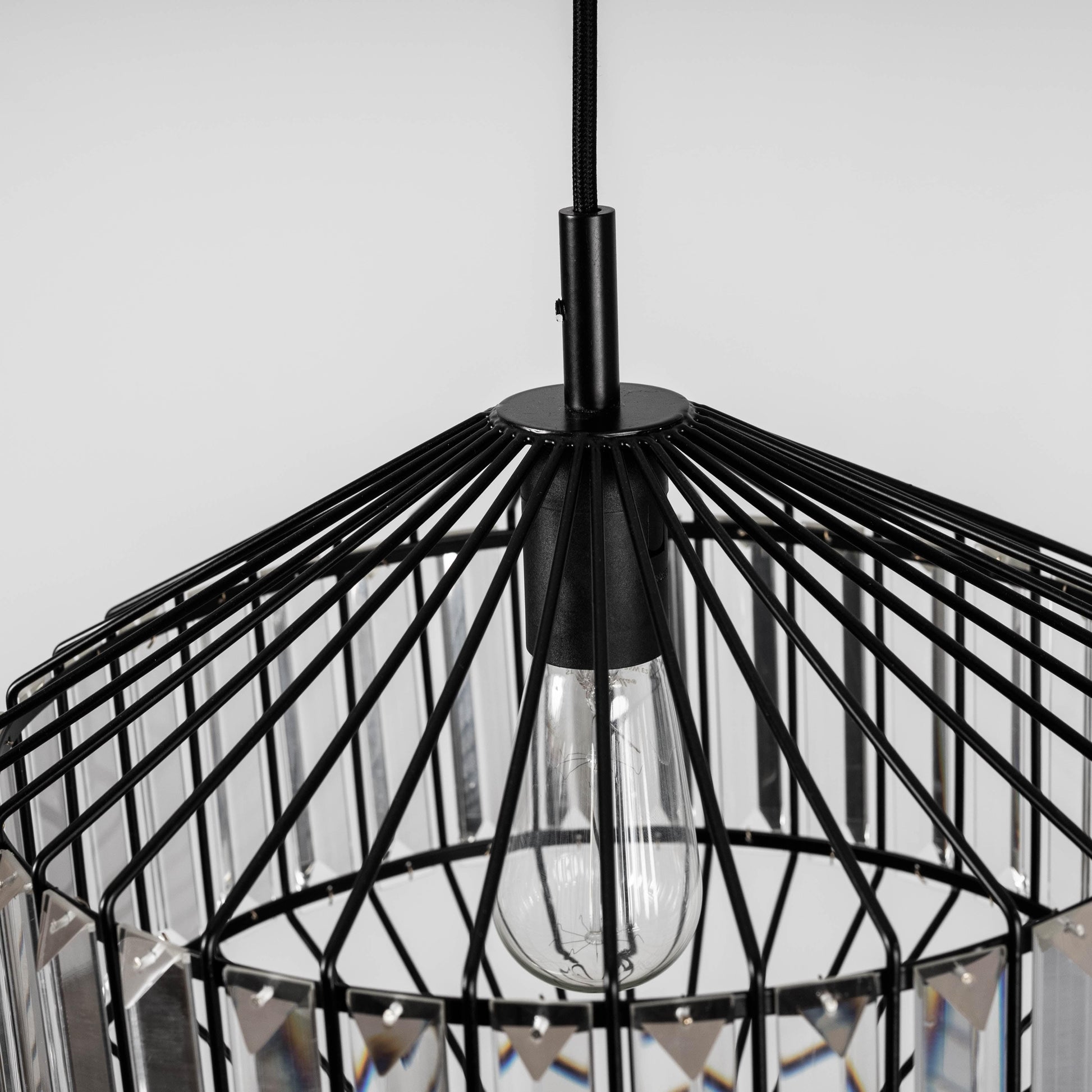 Black prism glass pendant light canopy view with ribbed glass and exposed bulb