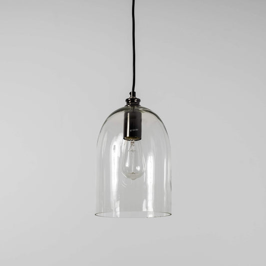 Dome glass pendant light with black metal cap and clear glass shade