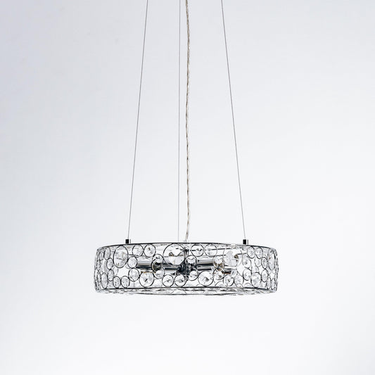Chrome crystal pendant light with cylindrical crystal drum shade and hanging cords
