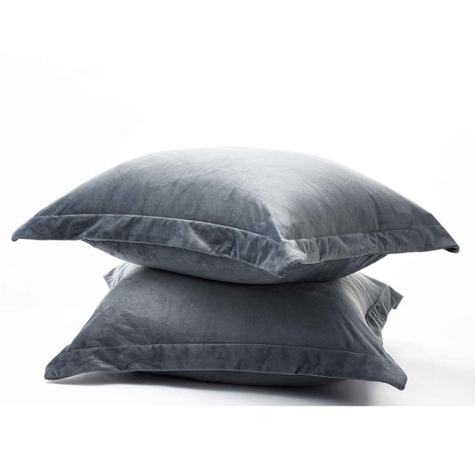 Charcoal fur velvet European pillowcases, two stacked with smooth pile texture