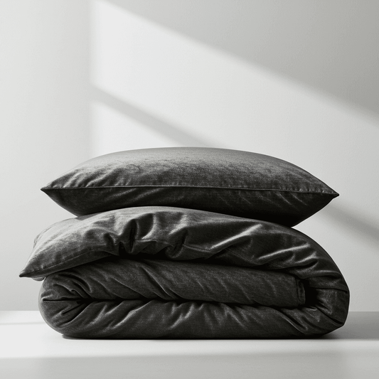 Charcoal fur velvet quilt cover with matching pillows, neatly folded