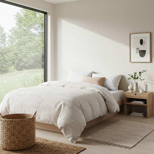 Ivory plush fur velvet quilt cover on bed with matching pillow shams.
