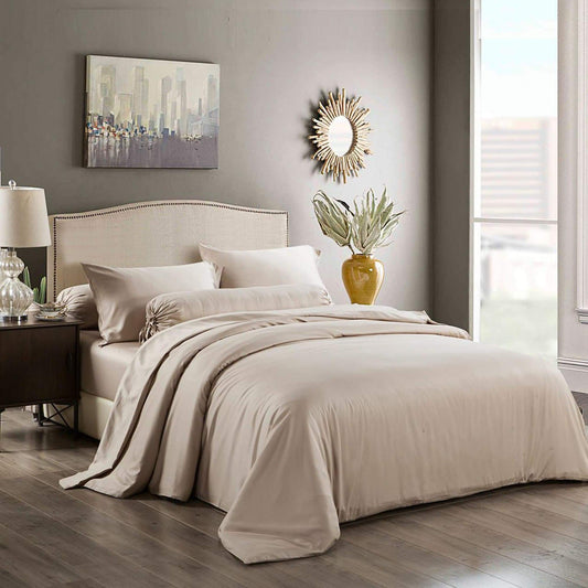 Champagne latte bed sheet set with matching pillowcases and duvet in light beige