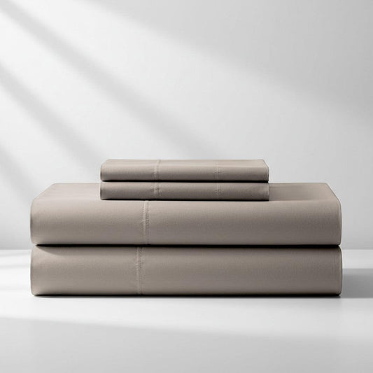 Champagne latte sheet set with folded flat and fitted sheets in light beige