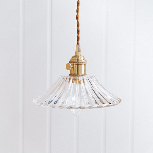 Fleur vintage glass pendant light with fluted clear shade and brass socket on braided cord