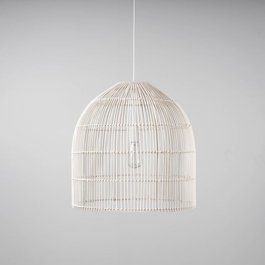 Whitewash rattan cane pendant light with dome cage shade and hanging cord
