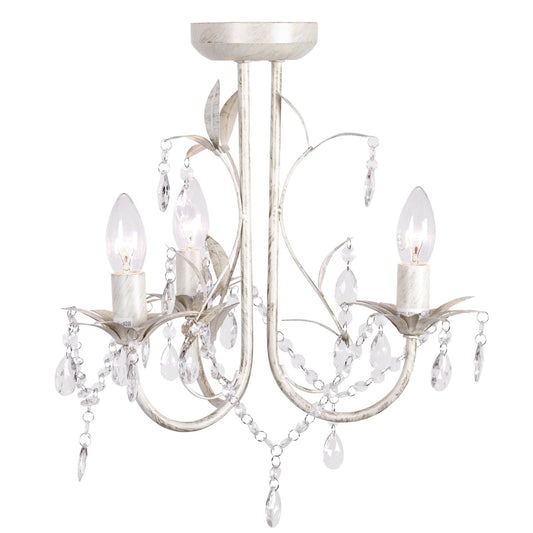 White 3-light chandelier with curved arms, leaf accents, and hanging crystal drops