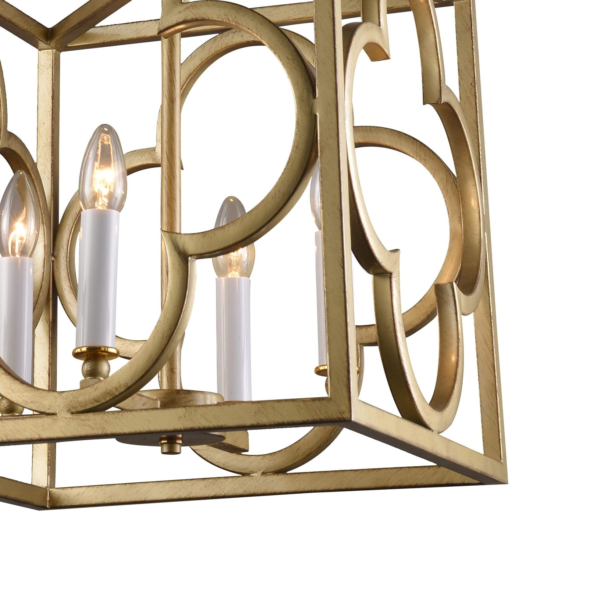 Close-up of gold box frame lantern pendant light with ornate ring cutouts and candle bulbs