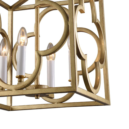 Close-up of gold box frame lantern pendant light with ornate ring cutouts and candle bulbs