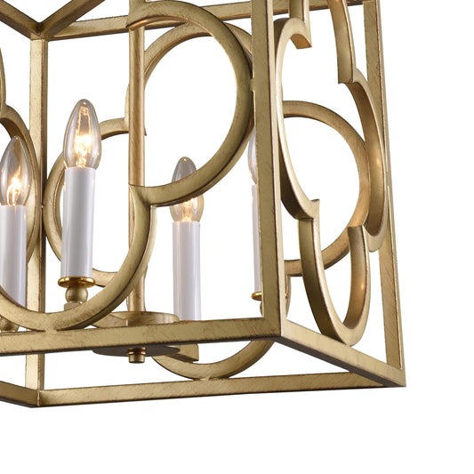 Close-up of gold box frame lantern pendant light with ornate ring cutouts and candle bulbs