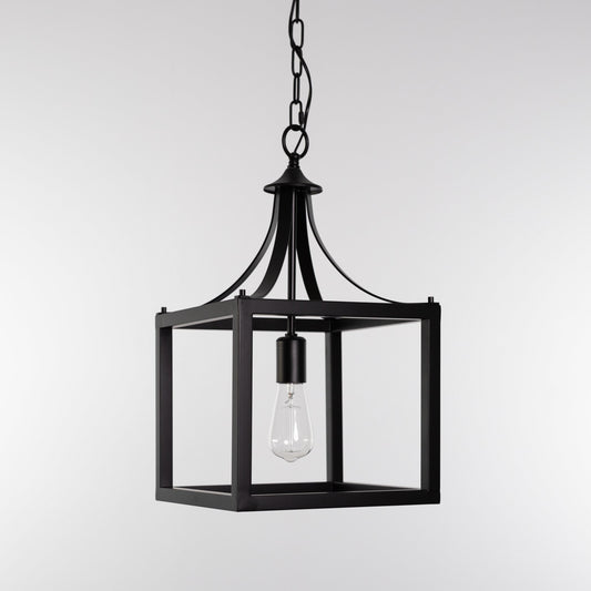 Black lantern pendant light with open frame and clear glass panels