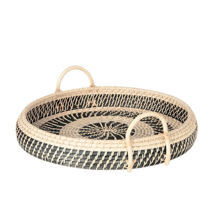 Large Round Natural Rattan Breakfast Tray with Handles