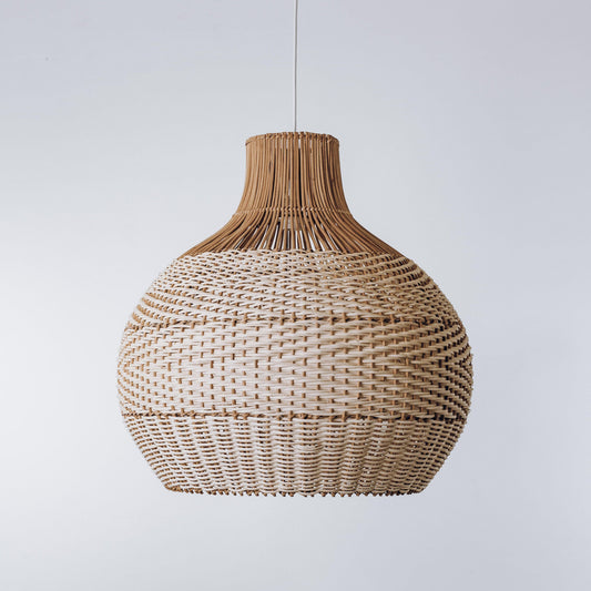 Natural rattan pendant light with teardrop woven shade and narrow top collar