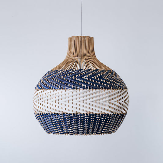 Rattan pendant light with blue and white woven bands and flared top
