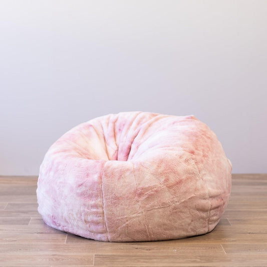 Marble pink plush fur bean bag, round cushioned seat with stitched seams
