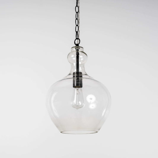 Glass pendant light with clear globe shade, matte black socket, hanging chain