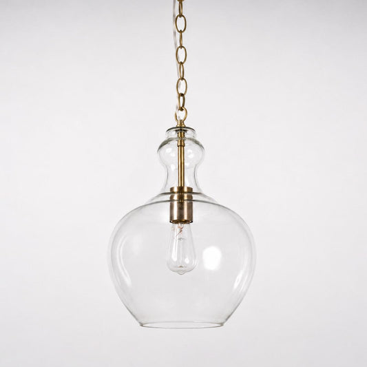 Antique brass pendant light with clear round glass shade and hanging chain