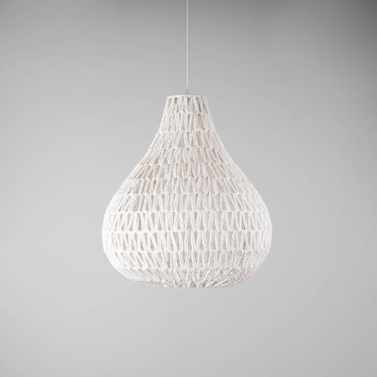 White woven rope teardrop pendant light shade hanging from the ceiling