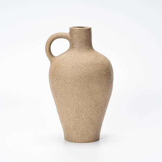 Beige speckled ceramic vase with round side handle, narrow neck
