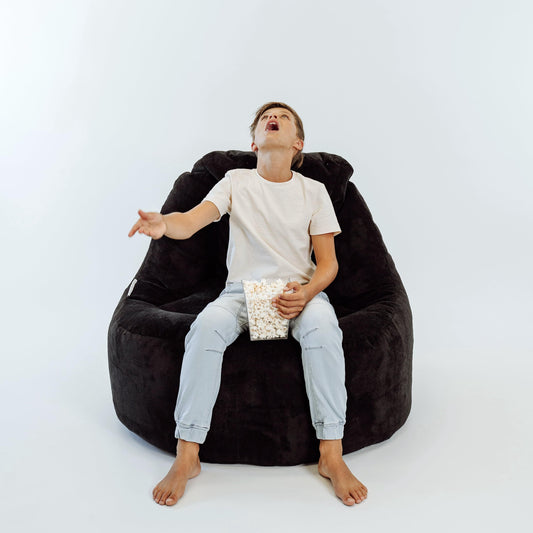 Black lounge bean bag chair cover with deep seat and built-in headrest