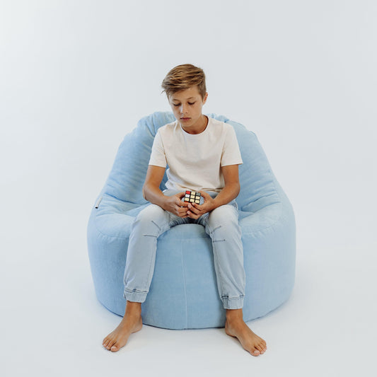 Light blue bean bag chair cover with deep seat and supportive back