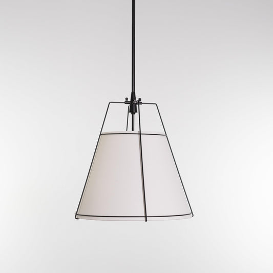 White fabric shade pendant light with black metal frame and hanging rod