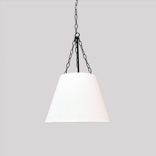 White fabric pendant light shade with black chain and ceiling canopy hardware.