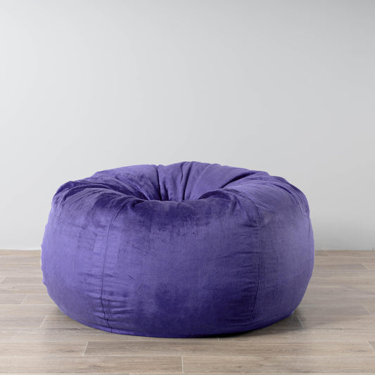 Pierre Fur bean bag, rounded blue-violet fabric with tufted seams