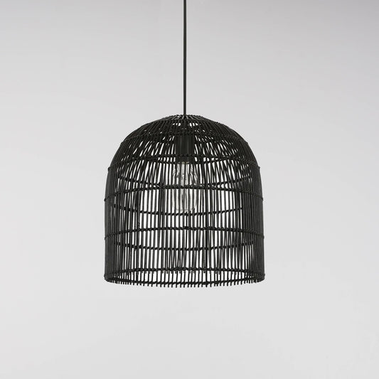 Black rattan cane wicker dome pendant light with open cage weave