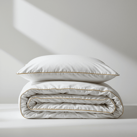 White quilt cover set with gold piping, folded with one pillow