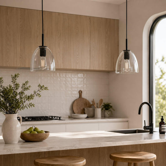 Black pendant light pair with clear glass shades hanging over a kitchen counter.