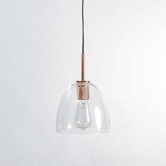 Copper glass pendant light with clear bell shade and rose-gold metal top
