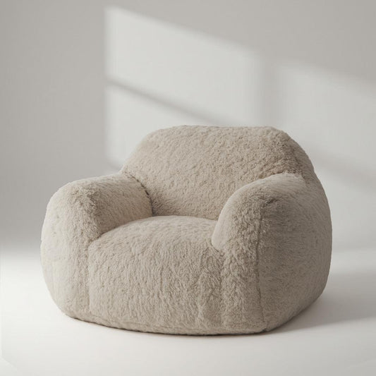 Beige textured plush chair cover, rounded cozy lounge shape