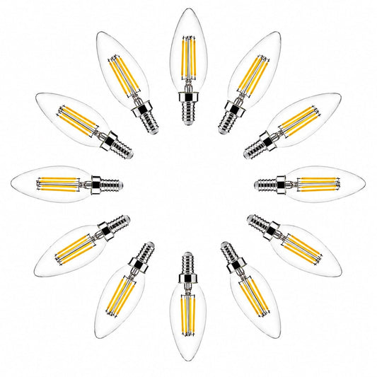 Multiple clear glass E14 candle LED bulbs with filament-style cool white light