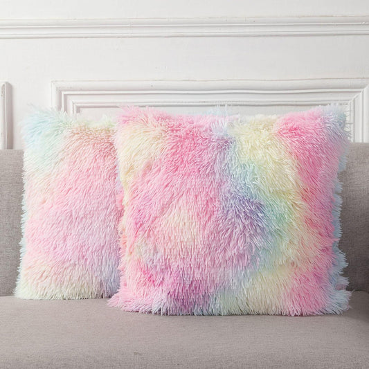Pastel rainbow faux-fur cushion covers, square pillows with soft gradient pile; two cushions