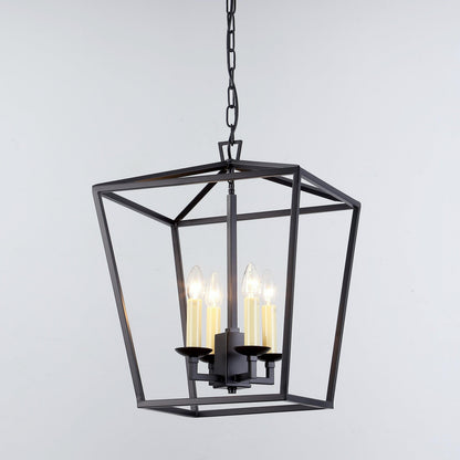 Matt black lantern-style pendant light with geometric glass frame and four candle bulbs
