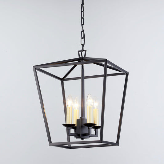 Matt black lantern-style pendant light with geometric glass frame and four candle bulbs