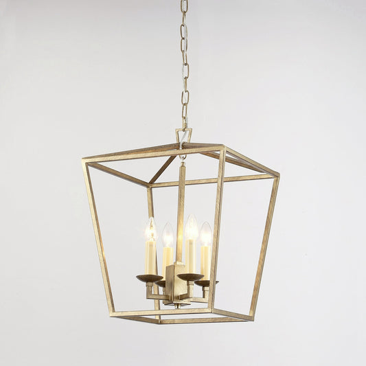 Brushed gold pendant light with open geometric frame and four candelabra bulbs