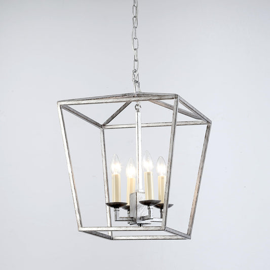Brushed chrome geometric pendant light with open cage and glowing candle-style bulbs