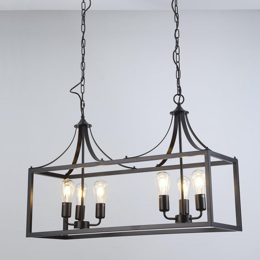 Black metal dining pendant light with rectangular cage and four exposed Edison bulbs