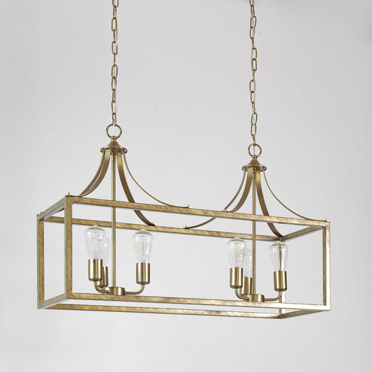 Brushed gold rectangular glass pendant light with four exposed bulbs and decorative frame