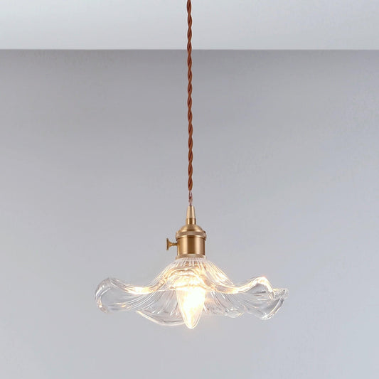 Glass scallop-edge pendant light with clear wavy ribbed shade and gold brass socket