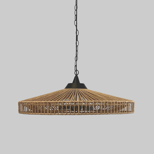 Rope pendant light with natural woven flat shade and black hanging chain