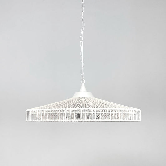 White rope pendant light with bell-shaped woven shade and hanging chain