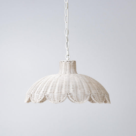 White scalloped rattan pendant light shade with hanging chain